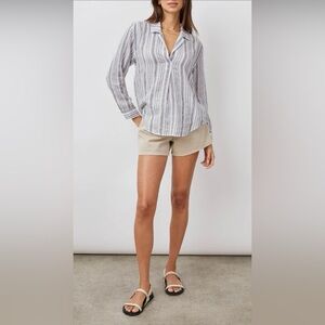 Rails Jocelyn Linen Collared Ling Sleeve Cape May Stripe Top White/Gray Size S